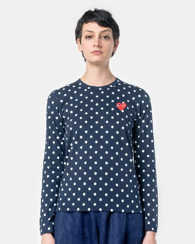 Long Sleeved Polka Dot T-Shirt with Red Heart in Navy/White Silk Blend Satin Velvet