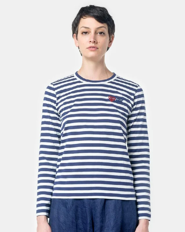 Long Sleeved Striped T-Shirt with Red Heart in Navy/White Cozy Warm Stylish