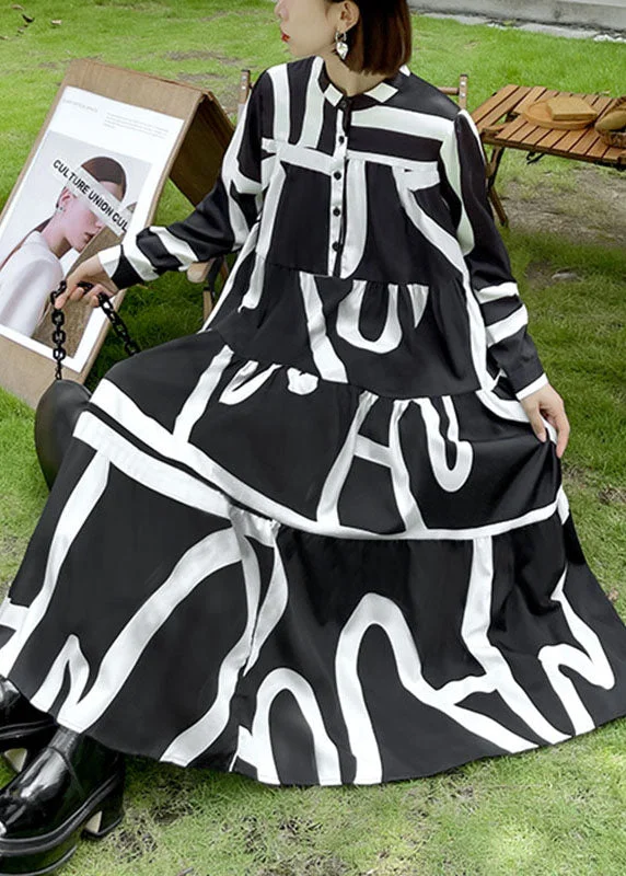 Loose Black Button Patchwork Print Fall Long sleeve Long Dresses Tunics Plaid country Loose Black Button Patchwork Print Fall Long sleeve Long Dresses Tunics Plaid country