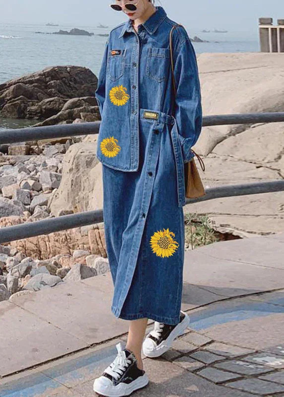 Loose Blue-flower Pockets Button asymmetrical design Fall Denim Long sleeve Long Dress Floral Print girly Loose Blue-flower Pockets Button asymmetrical design Fall Denim Long sleeve Long Dress Floral Print girly
