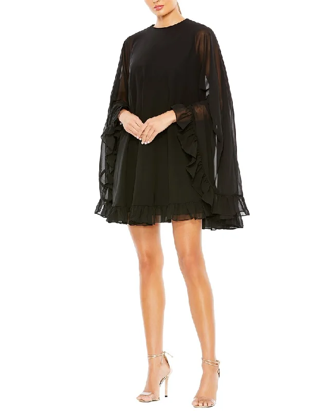 Mac Duggal High-Neck Ruffle Hem Cape Mini Dress Tunics Cozy soft