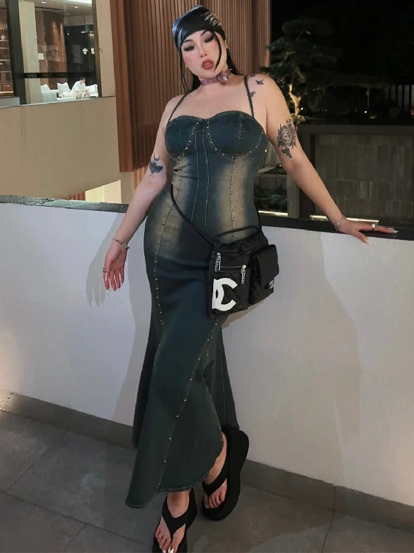 Malia Washed Denim Blue Plus Size Spaghetti Strap Slim Long Dress Tunics Prom sequined Malia Washed Denim Blue Plus Size Spaghetti Strap Slim Long Dress Tunics Prom sequined