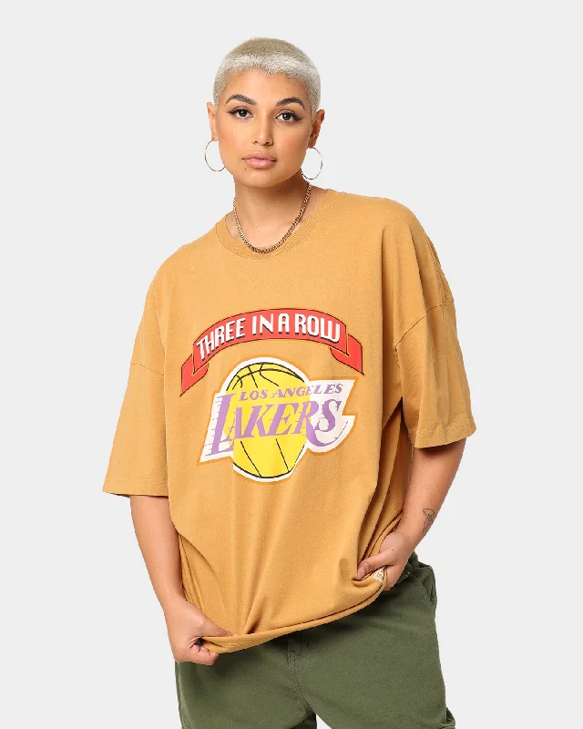 Mitchell & Ness Los Angeles Lakers 3-Peat T-Shirt Bone Brown Collared T-Shirt Boat Neck A-Line Mitchell & Ness Los Angeles Lakers 3-Peat T-Shirt Bone Brown Collared T-Shirt Boat Neck A-Line
