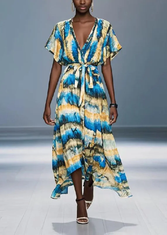 Modern Blue Tie Waist Print Chiffon Dress Summer Tunics Trousers formal