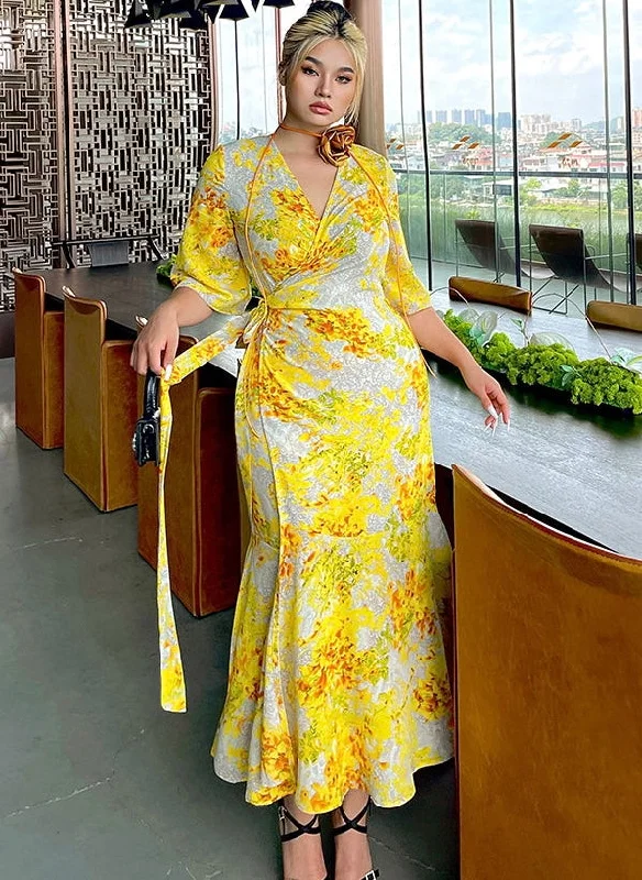 Naoum Plus Size Sun Bright Yellow Floral Front Cross V-Neck Short Sleeve Side Slit Long Dress Tunics Travel practical Naoum Plus Size Sun Bright Yellow Floral Front Cross V-Neck Short Sleeve Side Slit Long Dress Tunics Travel practical
