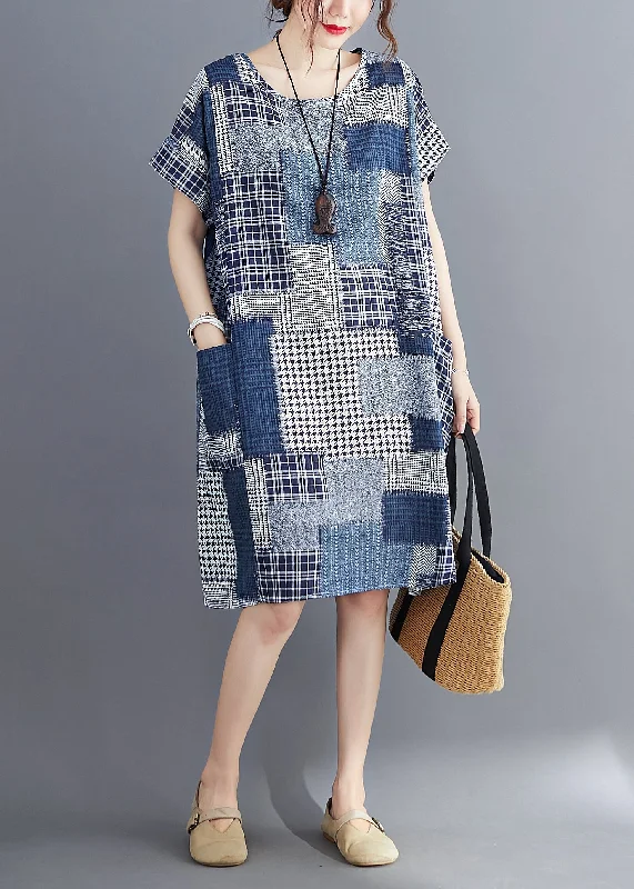 Navy Print Cotton Long Dress O-Neck Pockets Summer Tunics Bridal satin