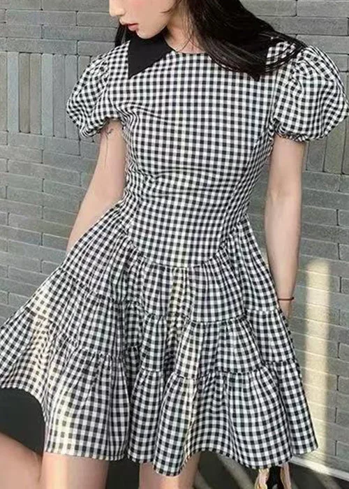 New Plaid High Waist Patchwork Cotton Mid Dress Puff Sleeve Tunics Canvas sturdy