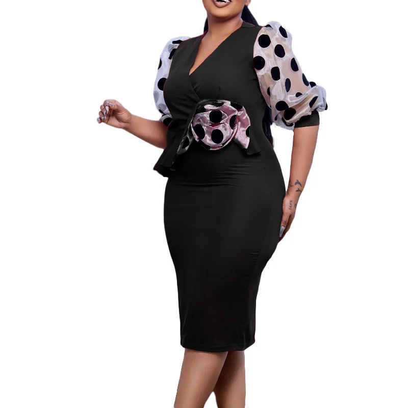 NiDELL Dindependent Station . New European and American Large Size V-neck Mesh Stitching Waist-Tight Elegant Foreign Trade Dress Crew Neckline Casual NiDELL Dindependent Station . New European and American Large Size V-neck Mesh Stitching Waist-Tight Elegant Foreign Trade Dress Crew Neckline Casual