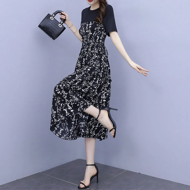 NiDELL Dress . Women's Summer New Hepburn Style Mid-Length Stitching Floral Skirt Temperament High Waist Slimming Dress Summer Elegant Long Evening NiDELL Dress . Women's Summer New Hepburn Style Mid-Length Stitching Floral Skirt Temperament High Waist Slimming Dress Summer Elegant Long Evening