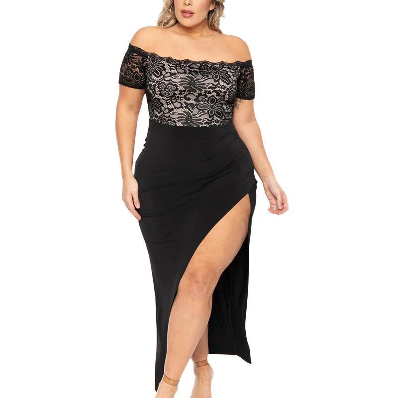 NiDELL . European and American Large Size Lace Spring and Summer New Amazon Knitted Lace Stitching Sexy High Waist Slit Dress Tunics Business professional NiDELL . European and American Large Size Lace Spring and Summer New Amazon Knitted Lace Stitching Sexy High Waist Slit Dress Tunics Business professional