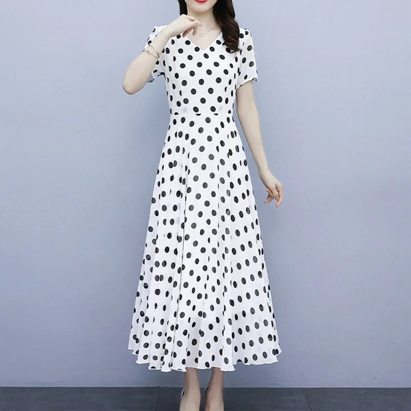 NiDELL European Station . Summer New Hepburn Polka-Dot Cinched Short Sleeve Dress Female Temperament Slimming Chiffon Long Dress Tunics Versatile stylish NiDELL European Station . Summer New Hepburn Polka-Dot Cinched Short Sleeve Dress Female Temperament Slimming Chiffon Long Dress Tunics Versatile stylish