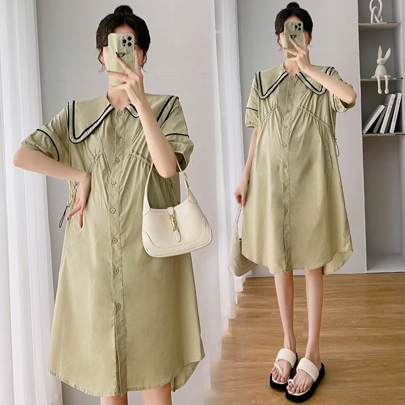 NiDELL . New Pregnant Women Sailor Collar Puff Sleeve Drawstring Waist Trimming Loose Slimming Open Buckle Breastfeeding Dress Tunics Fall fleece