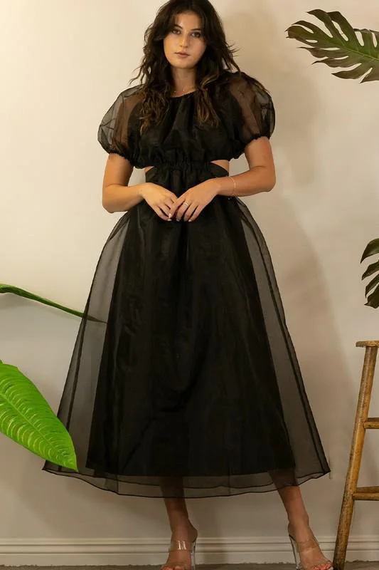 ORGANZA PUFF SLEEVE LONG DRESS Tunics Denim casual
