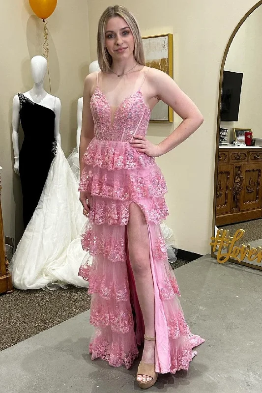 Pink Glitter Appliques Lace-Up Ruffle Tiered Long Dress with Slit Tunics Cozy soft
