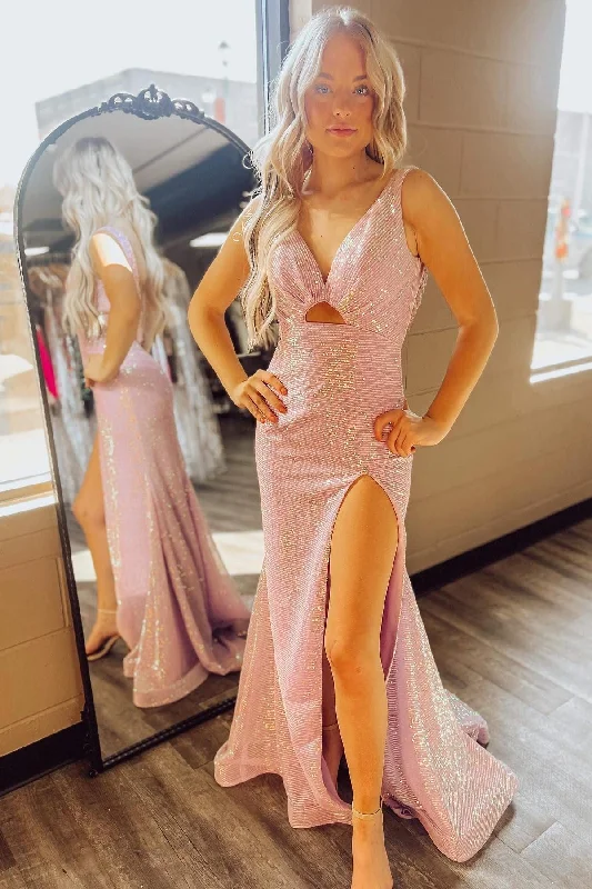 Pink Sequin Keyhole Open Back Mermaid Long Dress with Slit Tunics Versatile all-occasion Pink Sequin Keyhole Open Back Mermaid Long Dress with Slit Tunics Versatile all-occasion