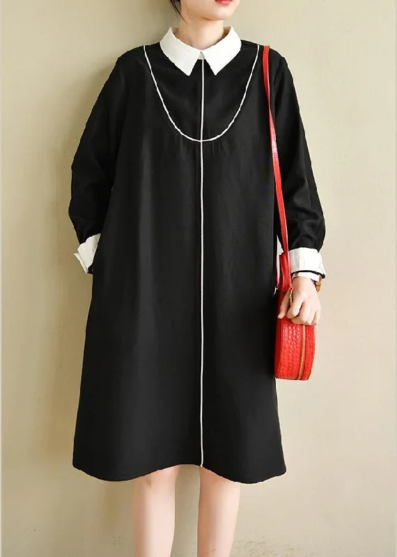Plus Size Black Peter Pan Collar  Button Spring Long Dresses Tunics Chic fashionable
