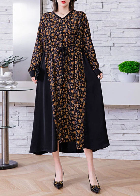 Plus Size Black tie waist V Neck print Patchwork Silk Holiday Dress Spring Tunics Office stylish Plus Size Black tie waist V Neck print Patchwork Silk Holiday Dress Spring Tunics Office stylish