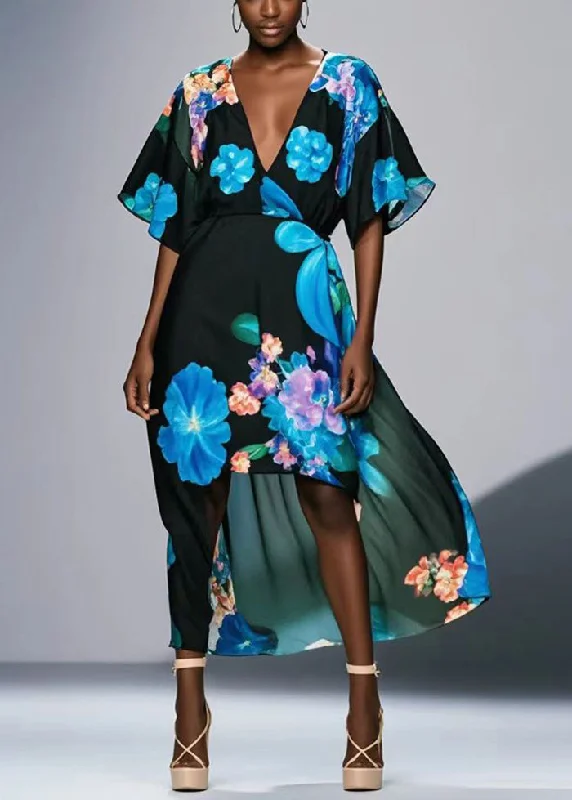 Plus Size Black V Neck Print Chiffon Long Dresses Summer Tunics Leisure comfortable