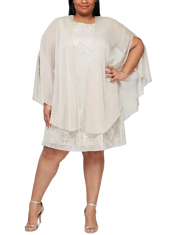 Plus Womens Cape Midi Two Piece Dress empire Waist empire