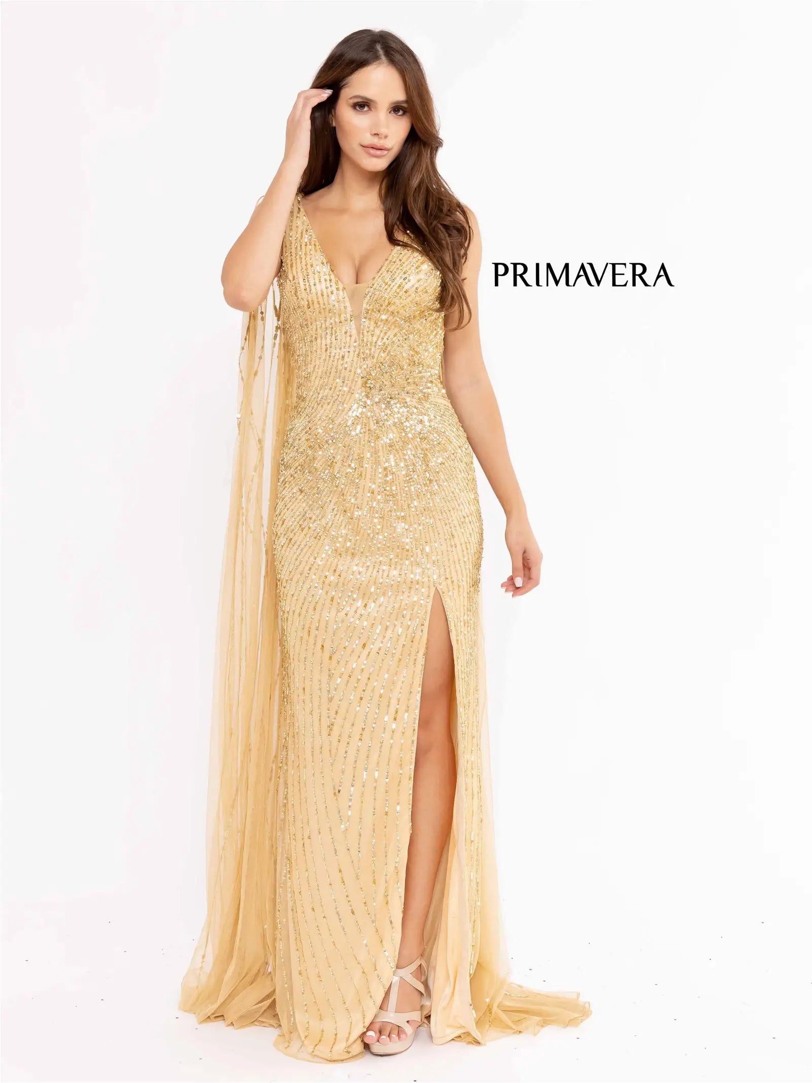 Primavera Couture 3971 Size 6 Gold Long Fitted Beaded Sequin Formal Pageant Dress Prom Gown Cape Tunics Luxurious high-end Primavera Couture 3971 Size 6 Gold Long Fitted Beaded Sequin Formal Pageant Dress Prom Gown Cape Tunics Luxurious high-end