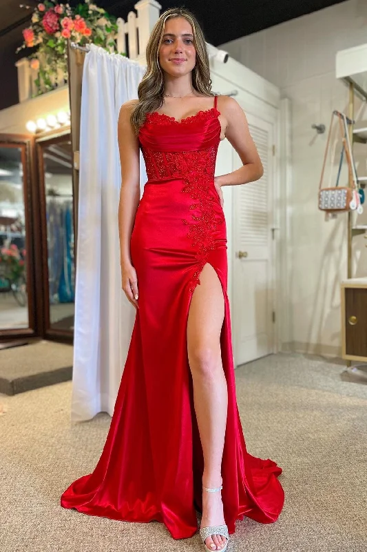 Casey| Red Spaghetti Strap Appliques Mermaid Long Dress with Slit Casual Short Summer Casey| Red Spaghetti Strap Appliques Mermaid Long Dress with Slit Casual Short Summer