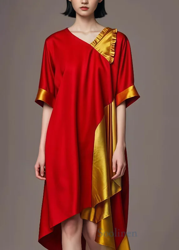 Red Yellow Patchwork Cotton Long Dresses Asymmetrical Summer Tunics stripes playful