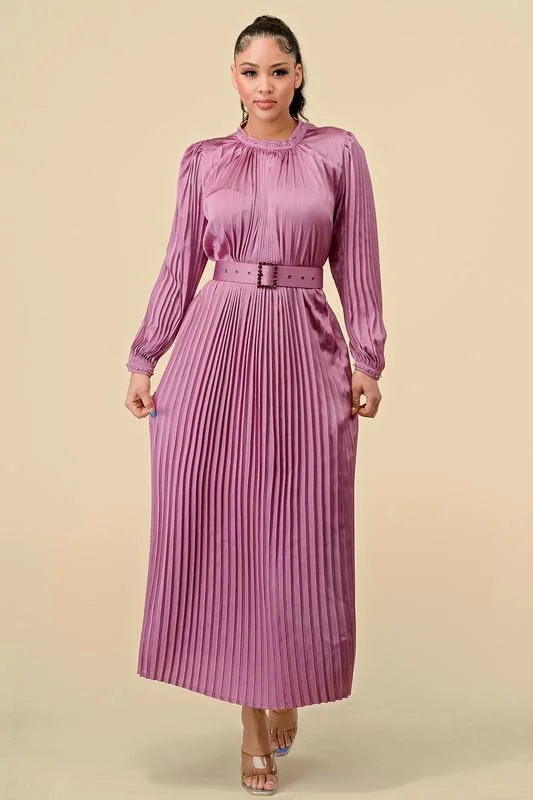 SATIN PLEATED MOCK NECK LONG DRESS W/ NECK DETAILS Tunics Corduroy durable