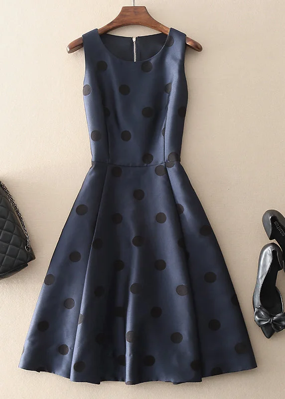 Simple Navy Zip Up Dot Long Dresses Sleeveless Tunics Winter warm