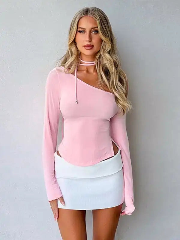 Slanted shoulder waist slit long sleeve slim hot girl T-shirt Print Jacquard Patchwork