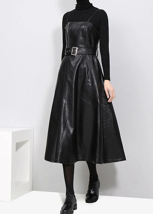 Slim Fit tie waist Black Faux Leather Spaghetti Strap Dresses Spring Tunics Gym athletic
