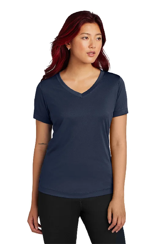 Sport-Tek Womens Competitor Moisture Wicking Short Sleeve V-Neck T-Shirt - True Navy Blue Print Jacquard Patchwork