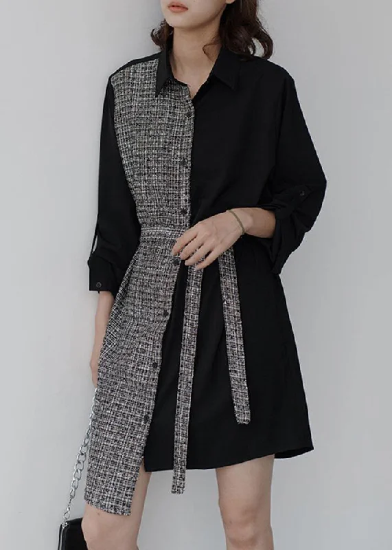Style black Cotton Wardrobes tie waist daily patchwork Dresses Tunics Luxurious premium Style black Cotton Wardrobes tie waist daily patchwork Dresses Tunics Luxurious premium