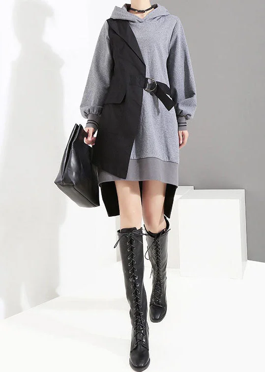 Style Grey low high design tie waist Hooded Patchwork Dresses Spring Tunics Versatile functional Style Grey low high design tie waist Hooded Patchwork Dresses Spring Tunics Versatile functional