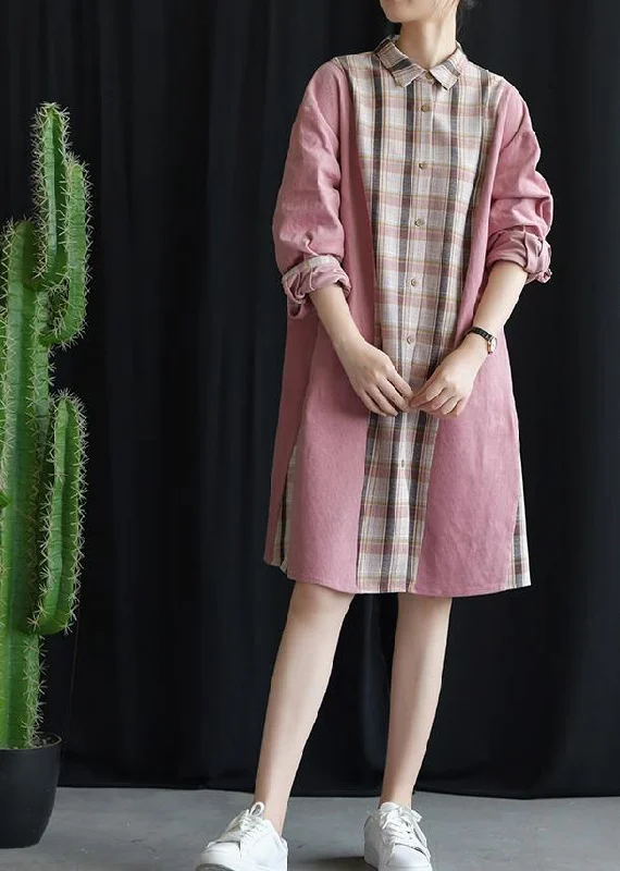 Style pink patchwork Plaid Cotton clothes lapel tie waist Plus Size fall Dresses Tunics Versatile functional Style pink patchwork Plaid Cotton clothes lapel tie waist Plus Size fall Dresses Tunics Versatile functional