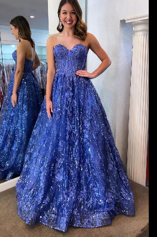 Allyson | Sweetheart Blue Sequin Lace Corest Long Dresses Tunics Mesh breathable