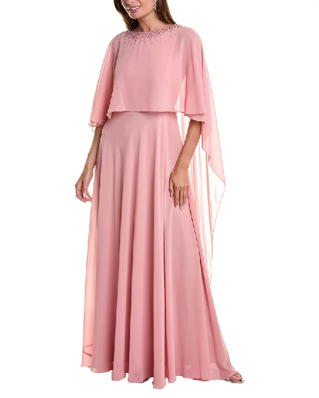 Teri Jon by Rickie Freeman Chiffon Capelet Gown Halter Neckline Beach