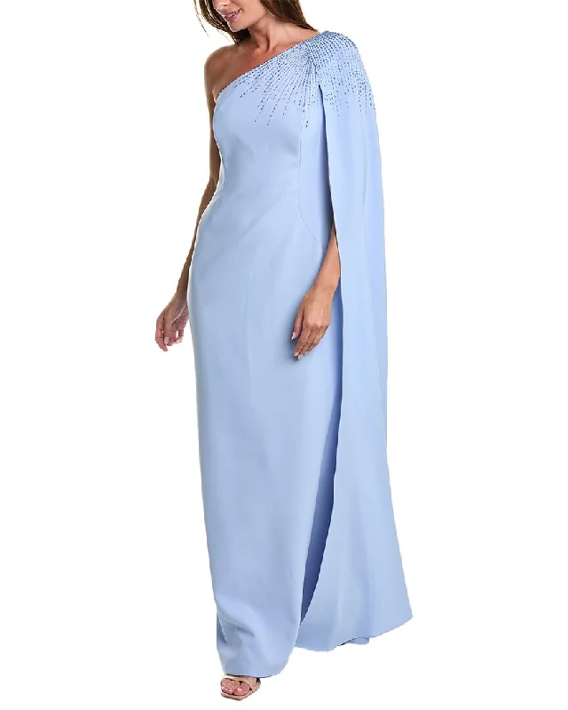Teri Jon by Rickie Freeman One-Shoulder Cape Sleeve Column Gown A-Line Day Work