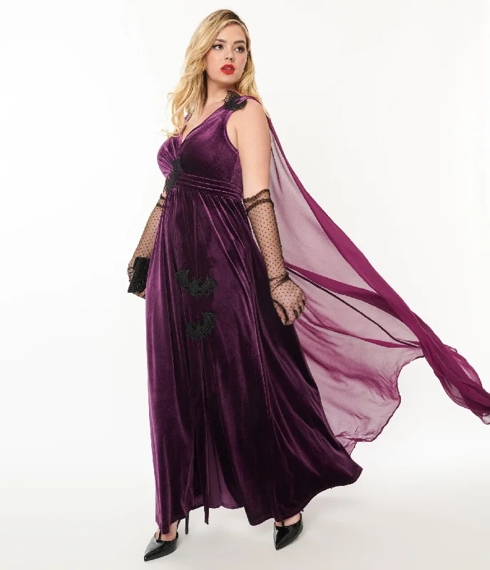 Unique Vintage Eggplant & Black Bat Velvet Cape Gown Boat Neckline Classic