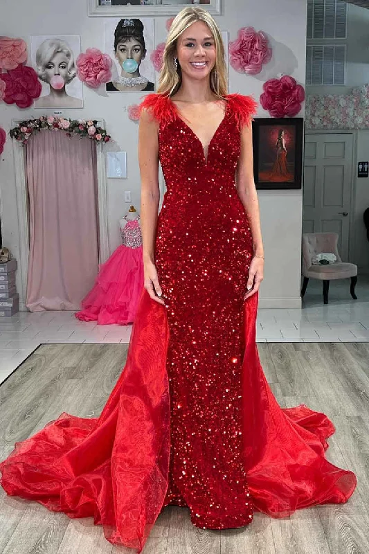 Lilianna | V-Neck Red Sequin Feathers Long Prom Dress with Cape Tunics Long Elegant
