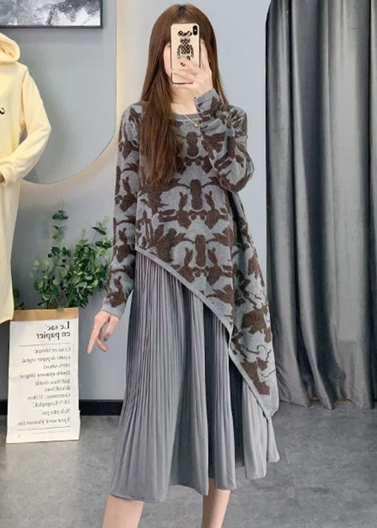 Vintage Grey Asymmetrical Patchwork Knit Long Dresses Spring Tunics Fashionable chic Vintage Grey Asymmetrical Patchwork Knit Long Dresses Spring Tunics Fashionable chic