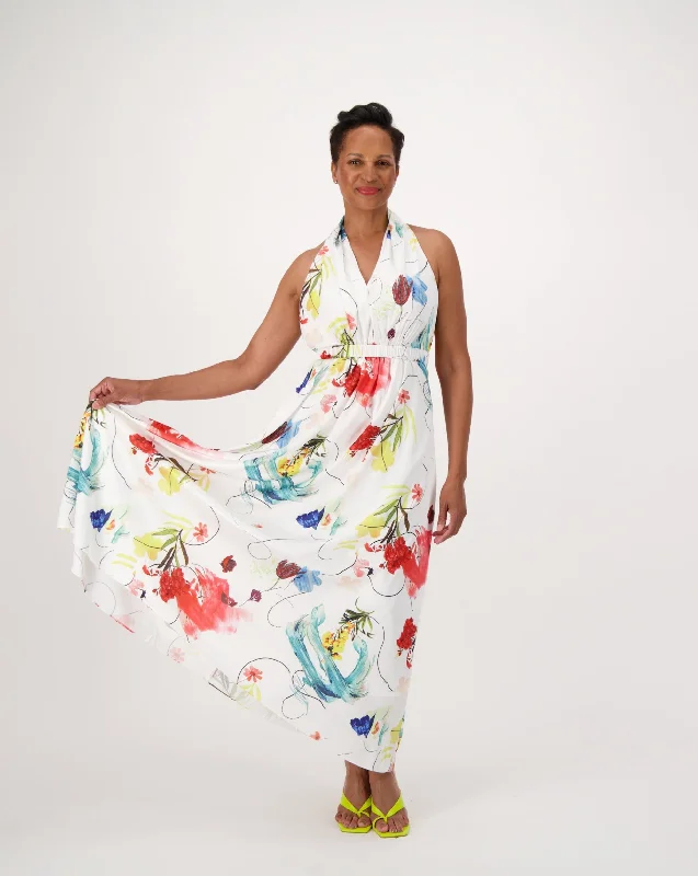 White Garden Print Halter Neck Long Dress Tunics Distressed trendy