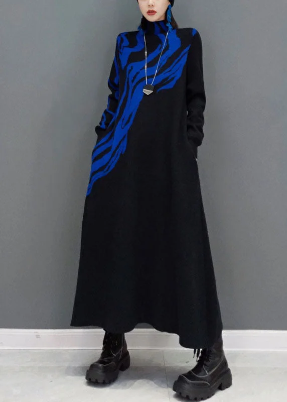 Women Blue Turtle Neck Knit long Dress Spring Tunics Versatile all-occasion