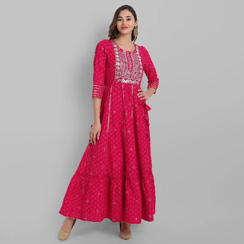 Women's Fuchsia Rayon Festive Wear Embroidered Tiered Long Dress - Juniper Crew Neckline Sporty