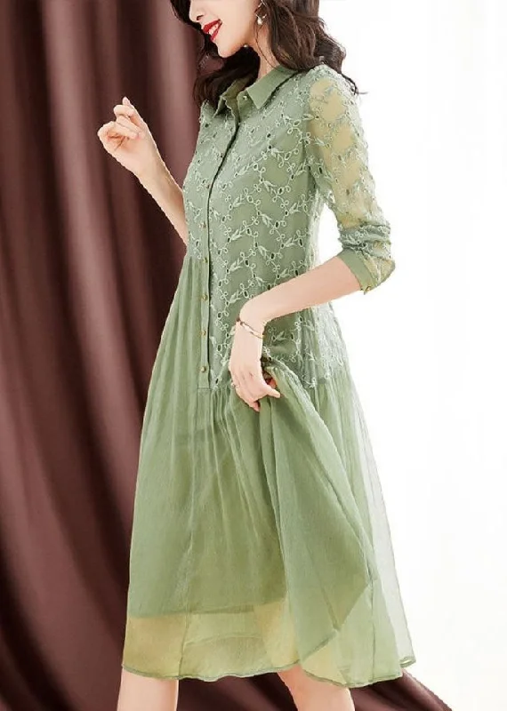 Women Green Peter Pan Collar Embroideried Patchwork Wrinkled Silk Long Dresses Long Sleeve Cowl Neckline Elegant Women Green Peter Pan Collar Embroideried Patchwork Wrinkled Silk Long Dresses Long Sleeve Cowl Neckline Elegant