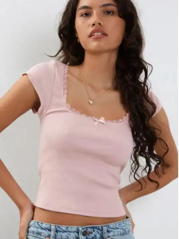 Women’s lace bow square neck knitted T-shirt Chenille Blend Fleece Blend Nylon Blend Women’s lace bow square neck knitted T-shirt Chenille Blend Fleece Blend Nylon Blend
