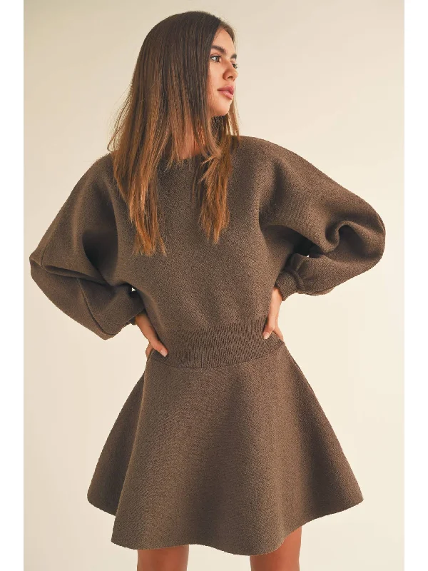 BALLOON SLEEVE SWEATER DRESS - BROWN Fleece Fabric Down Fabric Feather Fabric