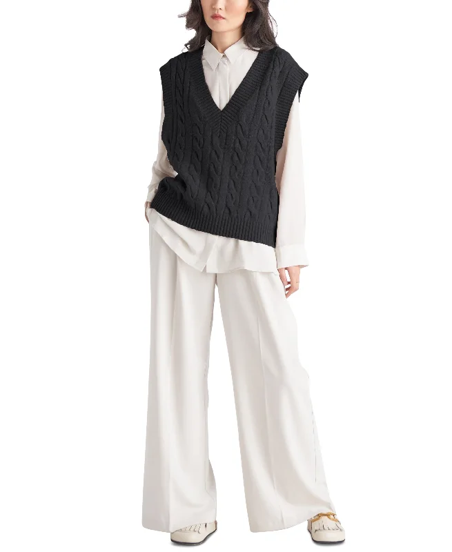 Black Tape Womens Sleeveless Cable Knit Sweater Vest Toggled Drawstring Belted