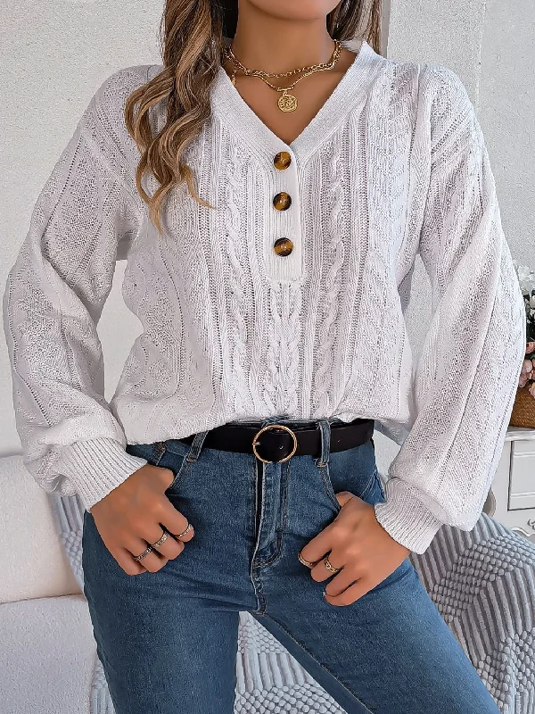 Cable-Knit V-Neck Long Sleeve Sweater Mesh Fabric Canvas Fabric Denim Fabric