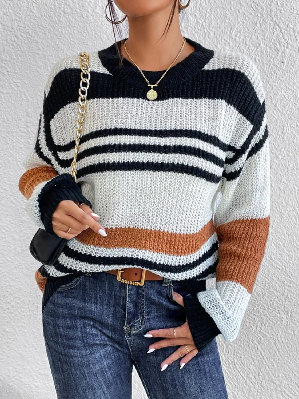 Contrast Striped Round Neck Long Sleeve Sweater Turtle Neck Boat Neck Asymmetrical Neck Contrast Striped Round Neck Long Sleeve Sweater Turtle Neck Boat Neck Asymmetrical Neck