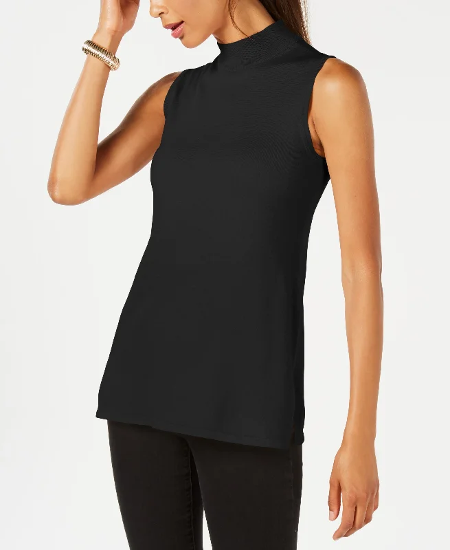 JM Collection Petite Sleeveless Mock Neck Sweater Mesh Blend Leather Blend Suede Blend